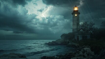 Historic lighthouse during a thunderstorm at sea - obrazy, fototapety, plakaty
