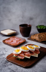 Salami sausages arugula cheese egg rye bread sandwich