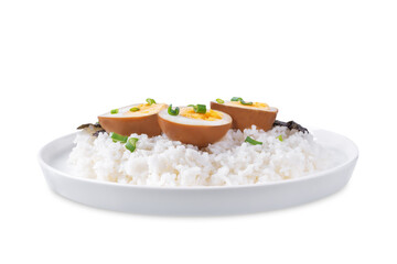 Tamago soy sauce eggs with rice and nori on a white isolated background