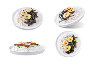 Tamago soy sauce eggs with rice and nori on a white isolated background
