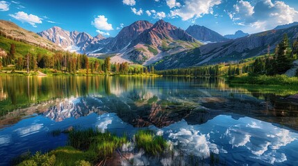 Fototapeta na wymiar Majestic mountains reflected in a crystal-clear alpine lake