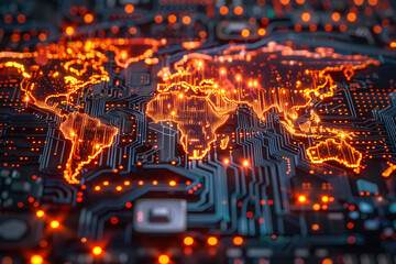 Glowing world map on a circuit board highlighting Europe and Africa