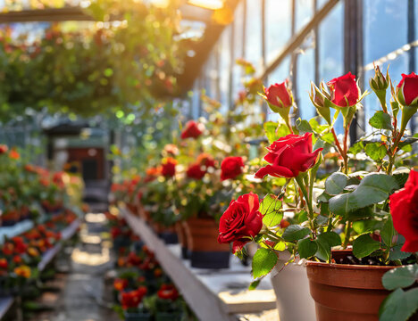 greenhouse, sunny day, macro photography, place for text, flower pots on the windowsill