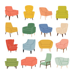 Armchair set. Collection of modern colorful upholstered chairs. Cushioned modern seat furniture. Trendy scandinavian armchairs. Flat vector illustration isolated on a white background.