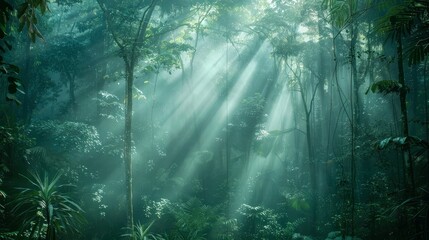 Sunbeams filtering through a dense misty forest