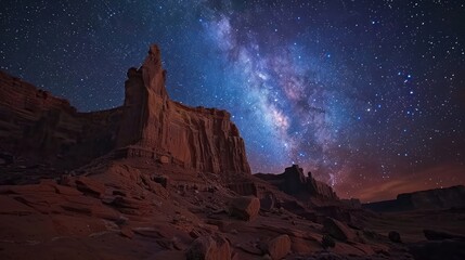 Obraz premium Time-lapse of stars over a rocky desert