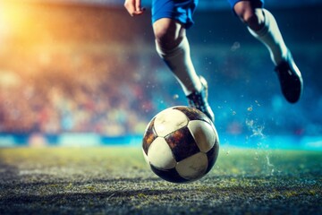 Professional soccer player kicking ball to score goal during intense football match - obrazy, fototapety, plakaty