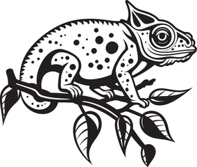 Twig Percher: Chameleon Vector Logo in Black Stealthy Camo: Chameleon on Twig Icon Design