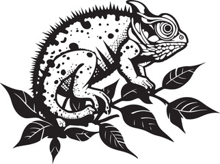 Noir Arboreal Adaptation: Black Chameleon Logo on Twig Vector Camouflage Creep: Chameleon Silhouette on Dark Twig Icon