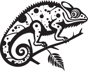 Shadow Shift: Chameleon Vector Logo on Twig in Black Noir Arboreal Adaptation: Black Chameleon Logo on Twig Vector