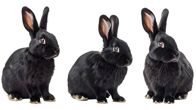 Collection of three black rabbits (portrait, sitting, side view), animal bundle isolated on a white background as transparent PNG