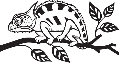 Onyx Camo Climb: Black Chameleon Logo on Twig in Vector Twilight Camouflage: Chameleon Silhouette on Black Twig Icon