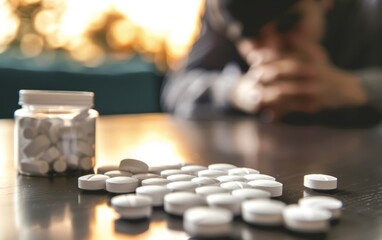 The scattered pills on the table, the figure of a man in the background, the concept of drug addiction and the moment of crisis