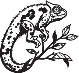 Noir Arboreal Adaptation: Black Chameleon Logo on Twig Vector Camouflage Creep: Chameleon Silhouette on Dark Twig Icon