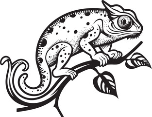 Ebony Elevation: Chameleon Vector on Black Twig Shadowy Silhouette: Chameleon on Twig Emblem in Black