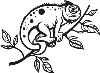 Obsidian Adaptation: Chameleon Silhouette Vector on Black Twig Shadowed Camouflage: Chameleon on Twig Black Logo Design