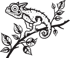 Shadowed Camouflage: Chameleon on Twig Black Logo Design Midnight Morphology: Black Chameleon Logo Vector on Twig