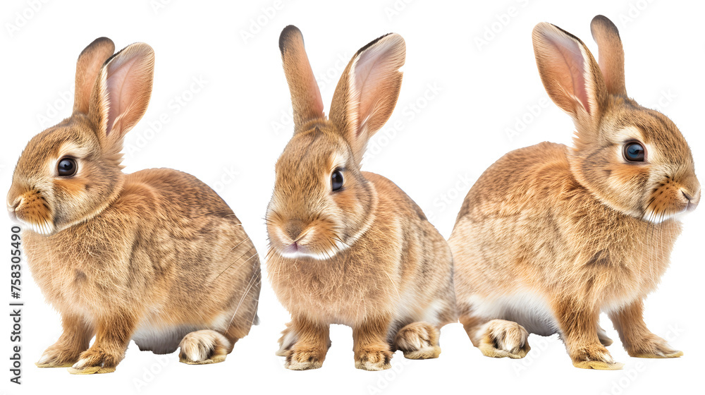 Wall mural collection of three brown rabbits (portrait, sitting, side view), animal bundle isolated on a white  - Wall murals