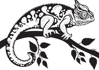 Onyx Camo Climb: Black Chameleon Logo on Twig in Vector Twilight Camouflage: Chameleon Silhouette on Black Twig Icon