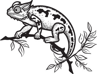 Noir Arboreal Adaptation: Black Chameleon Logo on Twig Vector Camouflage Creep: Chameleon Silhouette on Dark Twig Icon