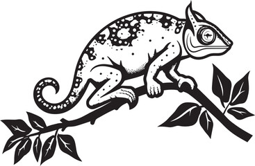 Midnight Morph: Black Chameleon Logo on Twig Vector Ebony Camo Crawler: Chameleon Icon on Black Twig Emblem