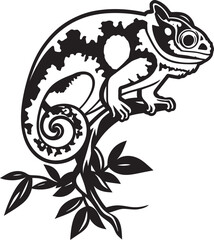Noir Arboreal Adaptation: Black Chameleon Logo on Twig Vector Camouflage Creep: Chameleon Silhouette on Dark Twig Icon