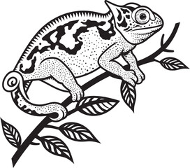 Shadow Shift: Chameleon Vector Logo on Twig in Black Noir Arboreal Adaptation: Black Chameleon Logo on Twig Vector