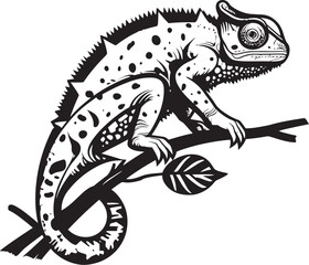 Midnight Morph: Black Chameleon Logo on Twig Vector Ebony Camo Crawler: Chameleon Icon on Black Twig Emblem
