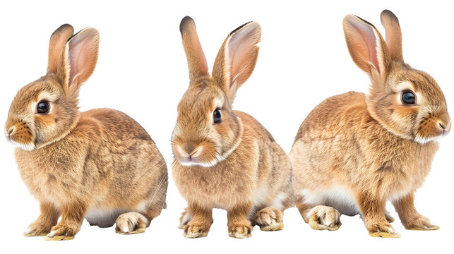 Collection of three brown rabbits (portrait, sitting, side view), animal bundle isolated on a white background as transparent PNG