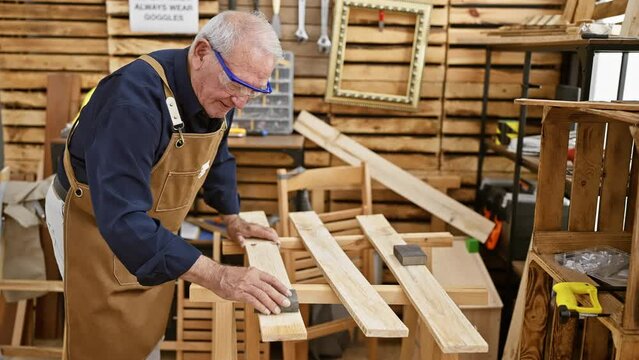 Smiling senior man, a master carpenter, happily sanding a plank of timber in his indoor workshop, wearing security glasses as safety in carpentry is paramount.