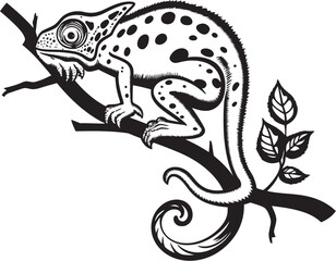 Noir Blend: Black Chameleon Logo on Twig Camouflaged Lizard: Chameleon Vector in Dark Tones