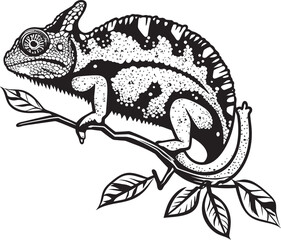 Noir Navigator: Black Chameleon Logo on Dark Twig Camo Crawl: Chameleon on Black Twig Vector