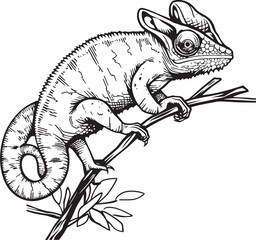 Shadowy Chameleon Rest: Black Vector Logo on Twig Icon Noir Arboreal Adaptation: Chameleon Silhouette on Black Twig