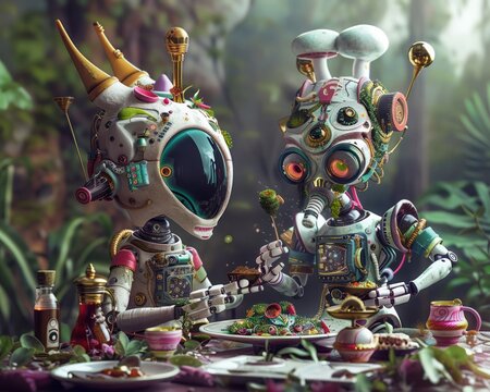 3D Illustrate of Exotic ingredients from far-flung planets find their way into the hands of the alien chef and its robotic helper