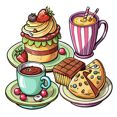 Illustration of a Cup of Coffee with Cake, Chocolate and Strawberry