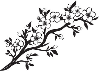 Obsidian Sakura Silhouette: Black Logo on Twig Ebony Blossom Bough: Cherry Blossom Icon in Black
