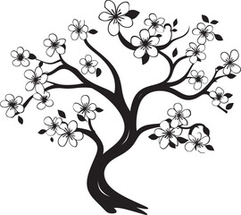 Obsidian Sakura Silhouette: Black Logo on Tree Branch Ebony Blossom Bough: Cherry Blossom Vector in Black on Twig