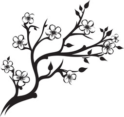 Twilight Cherry Blossom: Cherry Blossom Vector in Black Darkened Sakura Silhouette: Black Logo on Twig Icon