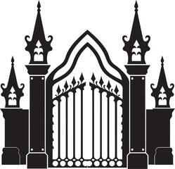"Serenity Icons: Church Gate Scrolls and Iconic Logo Vector in Black" "Elegant Thresholds: Church Gate Scrolls and Iconic Logo Vector Designs"
