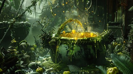3D Illustrate of Poison drips from the cauldron its contents tainted with the essence of forbidden fruits.