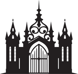 Leafy Arch Emblem: Church Gate with Scrolls and Leaves in Black Logo Elegant Foliage Portal: Vector Black Logo featuring Church Gate, Scrolls, and Leaves