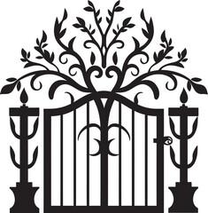Fototapeta na wymiar Elegant Scrollwork Arch: Church Gate with Scrolls and Leaves in Black Logo Leafy Archway Emblem: Vector Black Logo featuring Church Gate, Scrolls, and Leaves