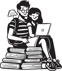 "Bookmarked Bliss: Couple Lounging with Laptop on Books, Enhanced by Black Logo Vector" "Connected by Code: Couple Collaborating on Laptop Work, Vector Black Logo"