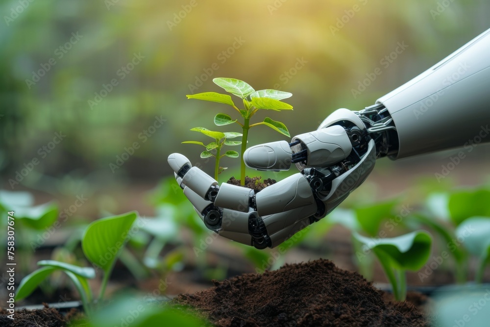 Poster a robot hand works on a modern farm. background with selective focus and copy space