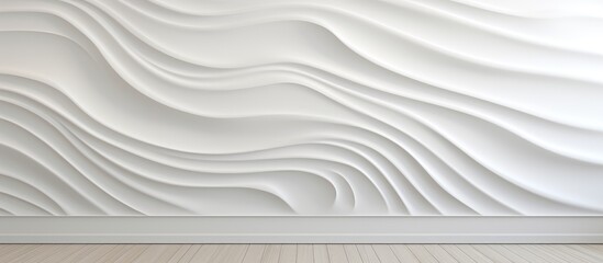 A white wall with a wave pattern on it complements the wooden floor, creating a modern and artistic landscape. The monochrome photography highlights the aeolian landforminspired design - obrazy, fototapety, plakaty