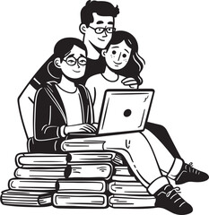"Romantic Research: Couple Deep in Laptop Work on Books, with Vector Black Logo" "Coding Cuddle: Couple Engaged with Laptop on Pile of Books, Vector Black Logo"