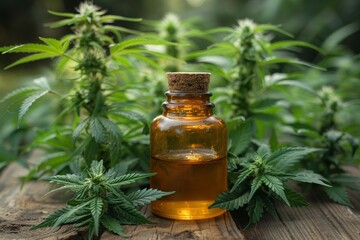 A bottle of cannabis oil is on a wooden table next to some plants
