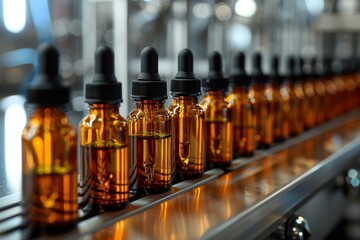 A row of brown bottles with black lids on a conveyor belt