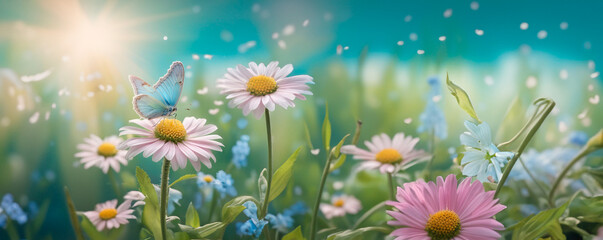 Background of butterflies on spring garden flowers. Blueish pastel tones.