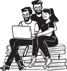"Bookworm Betrothal: Couple with Laptop on Stack of Books, Vector Black Logo" "Cozy Computing: Couple Working Together on Laptop and Books, Vector Black Logo"